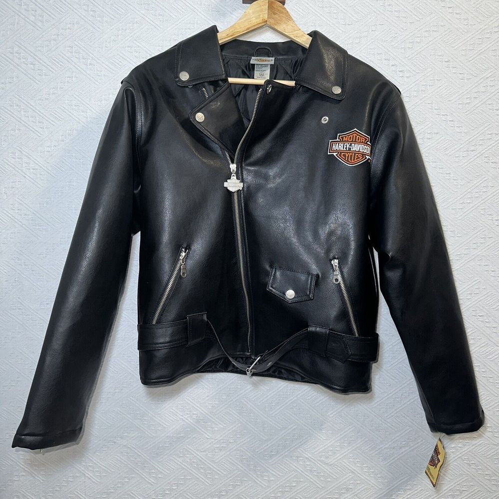 00s Harley Davidson Motor Cycles Faux Leather Motor Cycle Jacket Sz L 16-18 kids